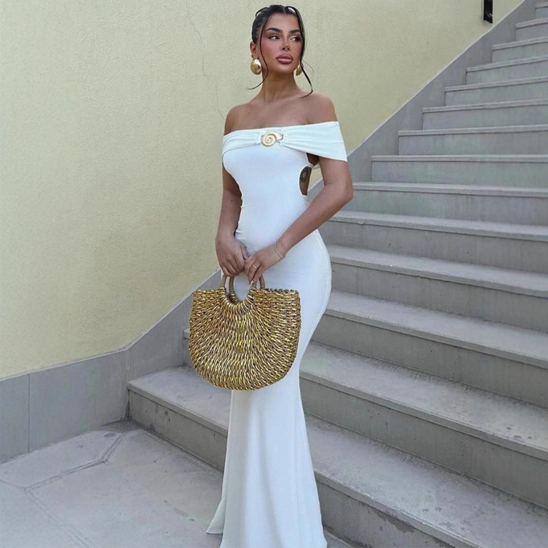 Autumn Women's Chic Off Shoulder Lace-Up Low Back Slim Long Dress 4