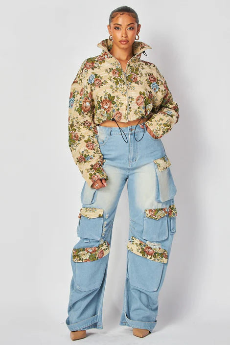 Women autumn flowers jacket and denim cargo pant two piece set 9
