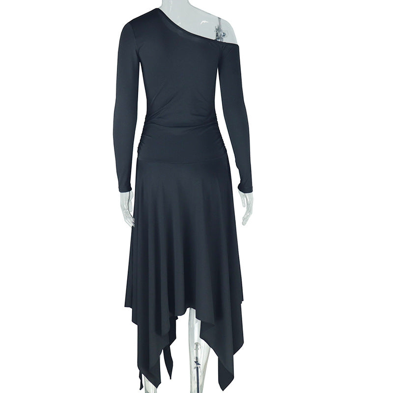 Women Style Solid Irregular Slash Shoulder Off Shoulder Long Sleeve Dress 7
