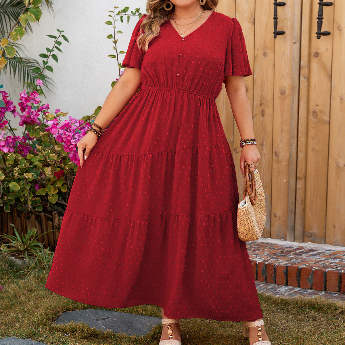Plus Size Women solid short-sleeved v-neck dress 4