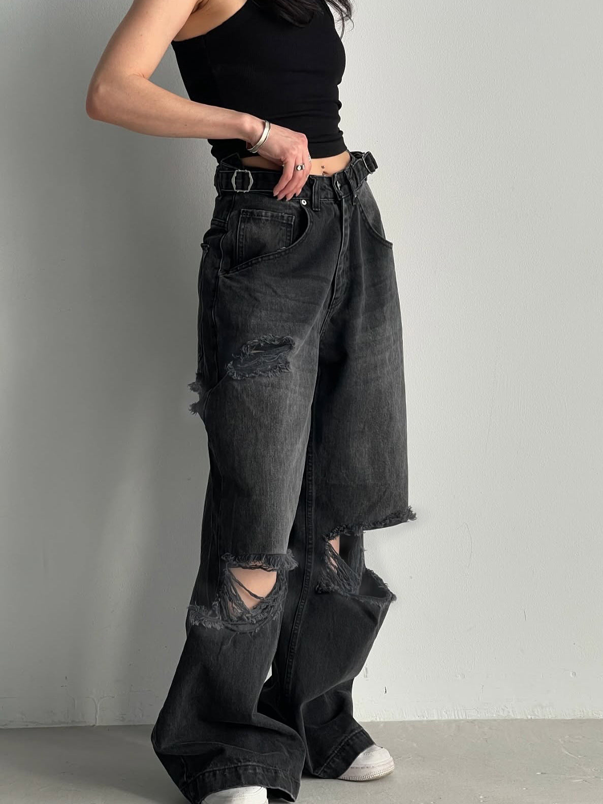 Women Ripped Waist Adjustable Denim Wide Leg Pants 5