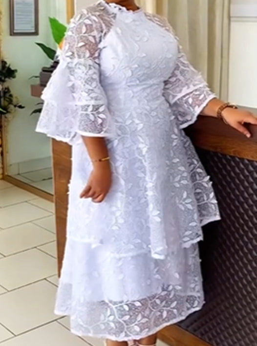 Mesh Lace Bell Bottom Sleeve High Waist Round Neck Women's Dress Evening Gown 4