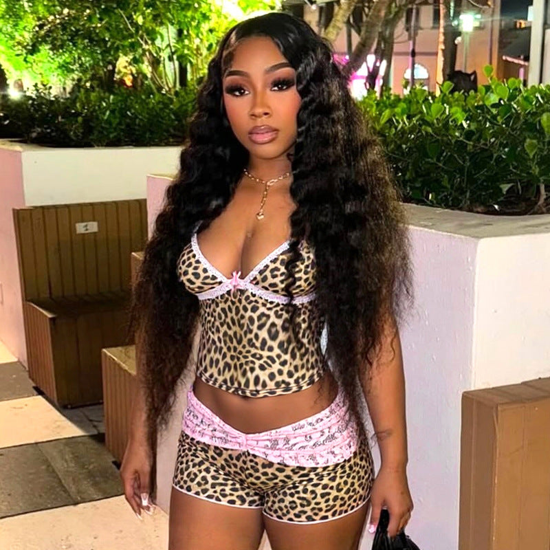 Leopard Print Patchwork Lace Bowknot Strap Top Contrast Color Shorts Two-Piece Set 10