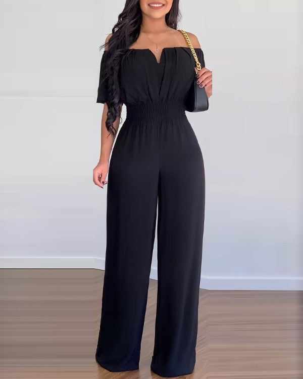 Women Off Shoulder V Neck Loose Straight Jumpsuit 4
