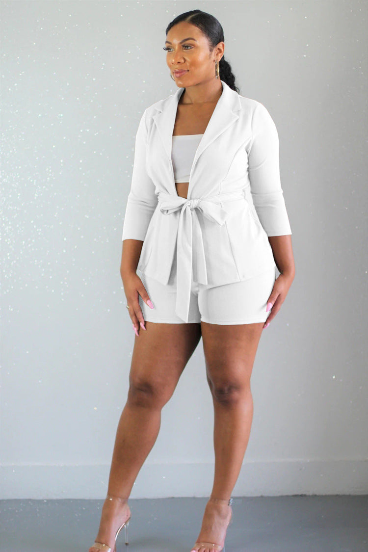 Women Casual Lace-up Blazer and Shorts Two-piece Set