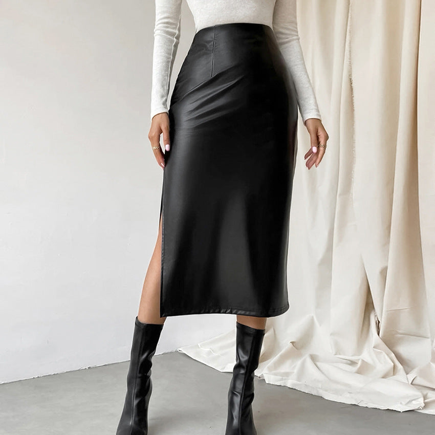 Black Sexy Autumn Winter Mid-Length PU Leather Skirt 10