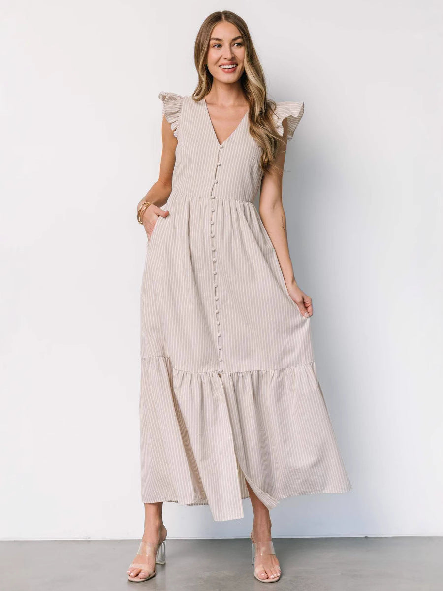 Women's Striped Print Holiday Long Dress Bohemian V-Neck Shirt Dress 7