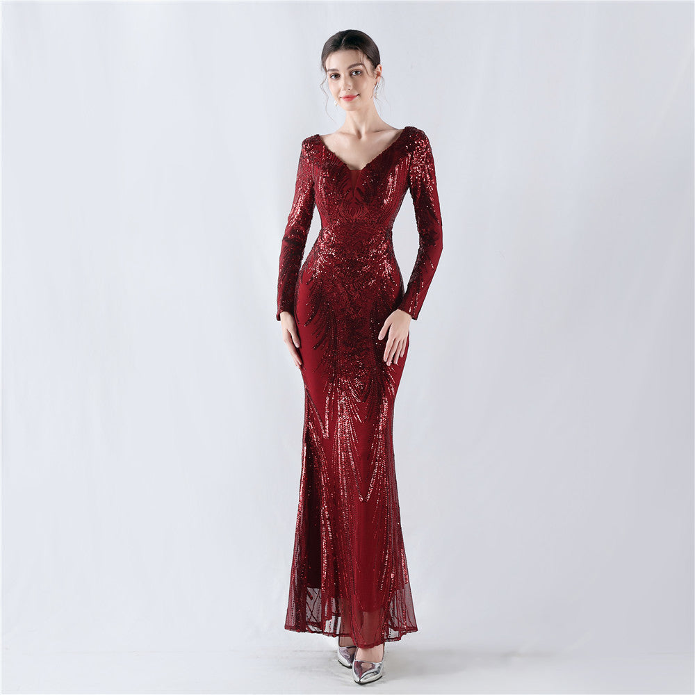 V-Neck Long Sleeve Sequins Plus Size Formal Party Evening Dress 14