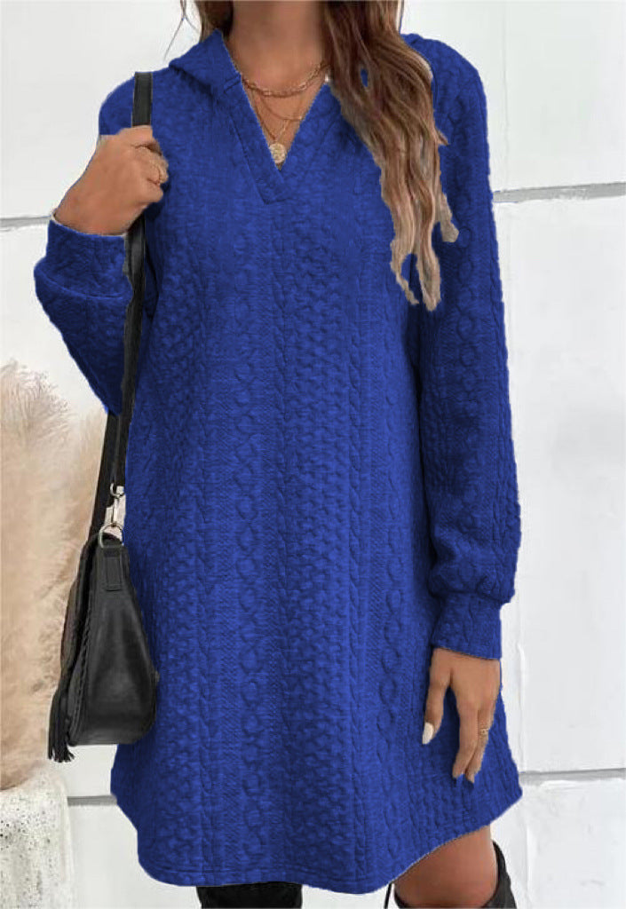 Women knitting jacquard long sleeve hooded Dress 4
