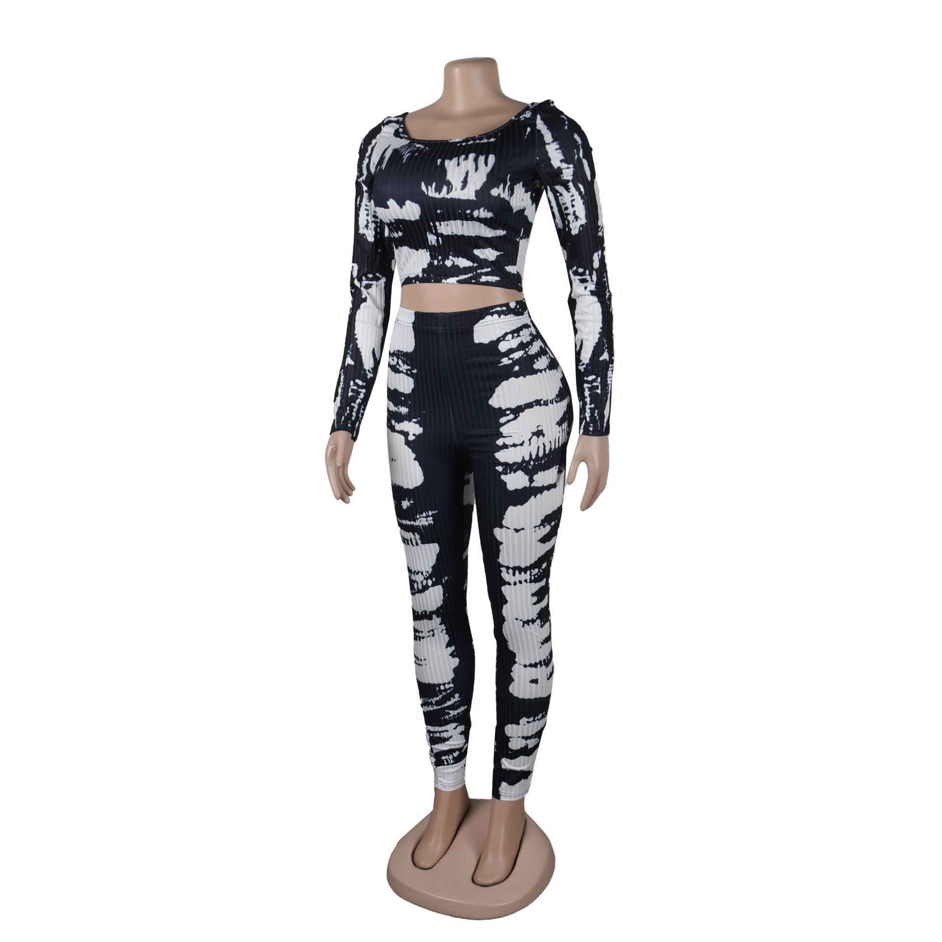 Sexy Printed Slim Fit Stretch Ribbed Two-Piece Pants Set 7