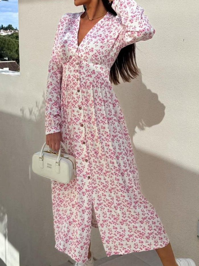 Beach Holidays V-Neck Slim Waist Floral Print Spring Long Sleeve Dress 3