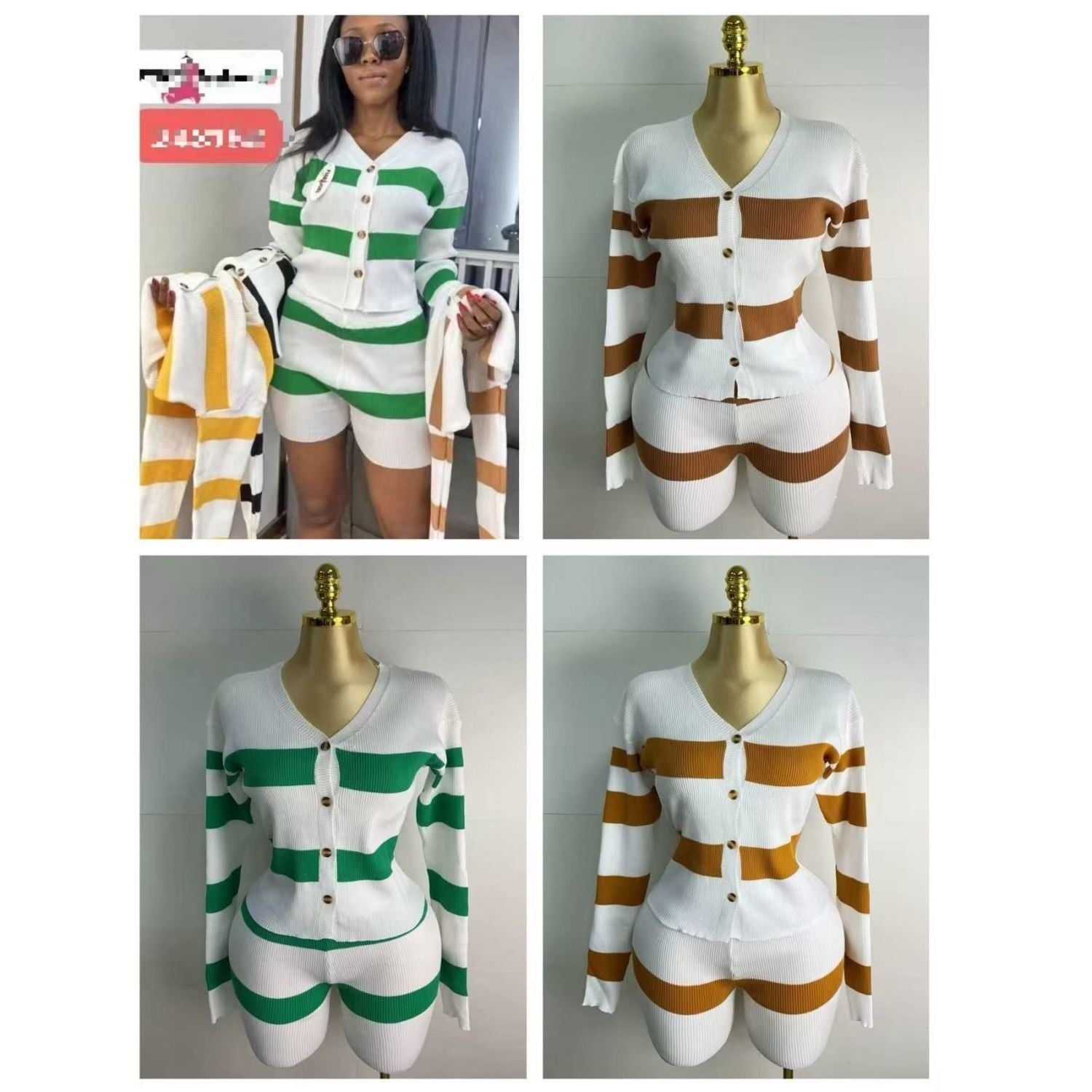 Women Casual V-neck Striped Knitting Sweater and Shorts Two-piece Set 4