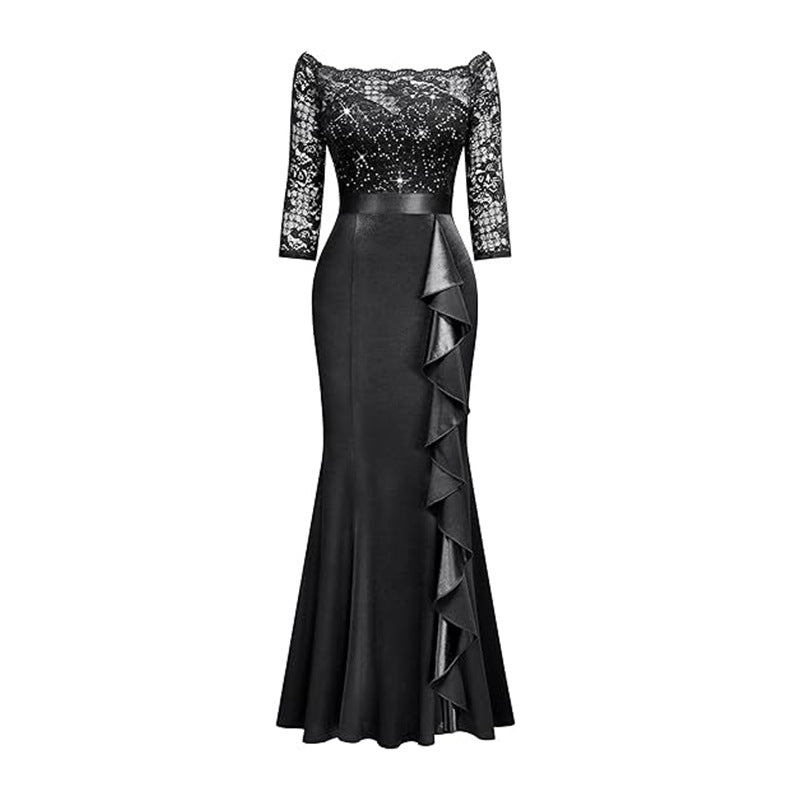 Women Elegant Floral Lace Pleated Slit Maxi Dress 13
