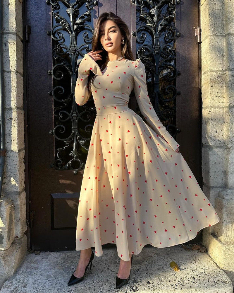 Autumn Fashion Chic Printed Long Sleeve High Waist Belted Women's Long Dress 9