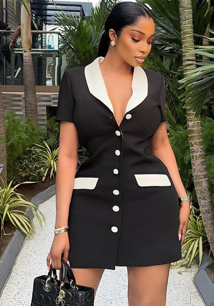 Women's Chic Black-White Contrast Button Short Dress