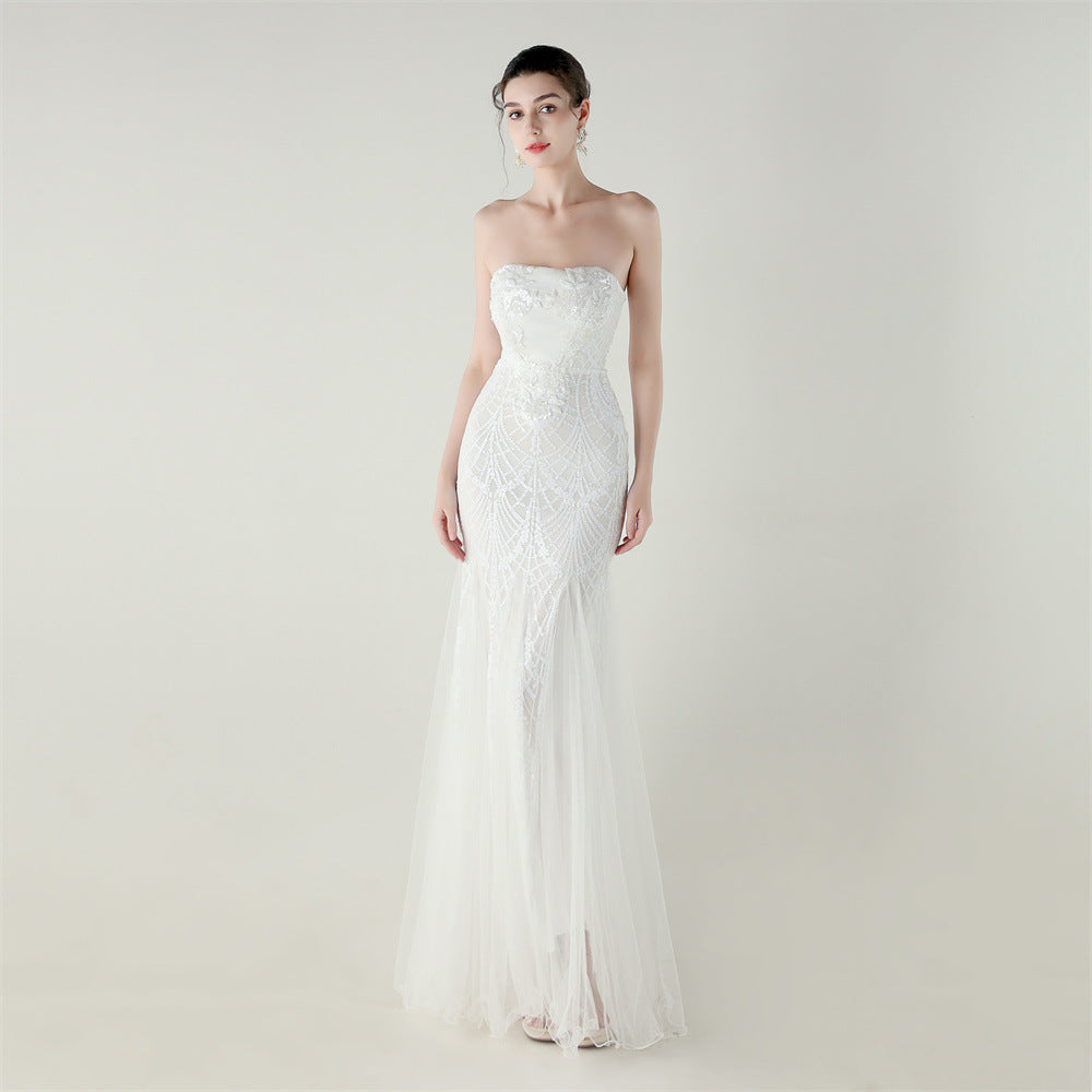 Women Strapless cross Lace-Up sequined tube flower sequined mesh evening dress Formal Party evening dress