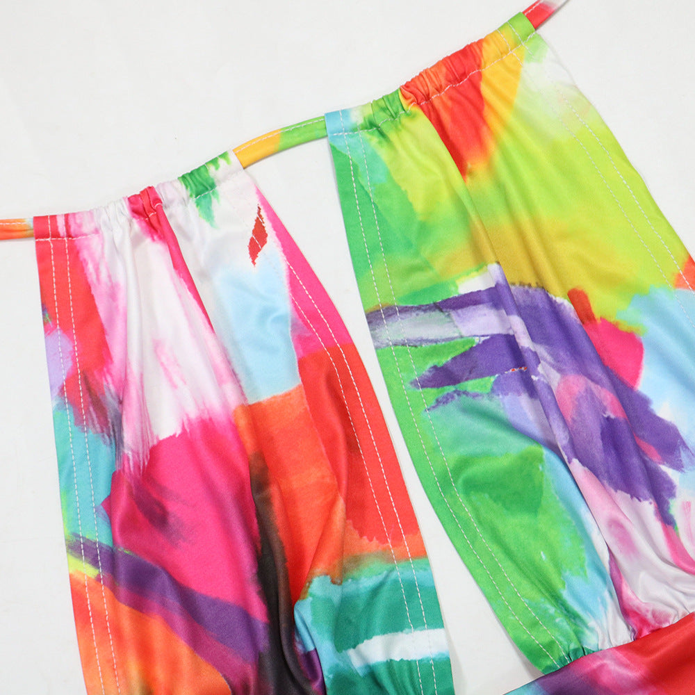 Fashionable Printed Crop Lace-Up Top Wide-Leg Pants Two-Piece Set 8