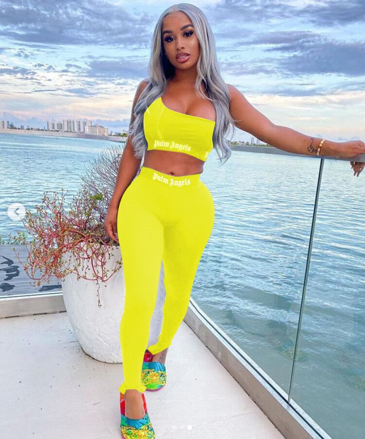 Women's Solid Color Fashion Letter Print Casual Tight Sports Two Piece Pants Set 7