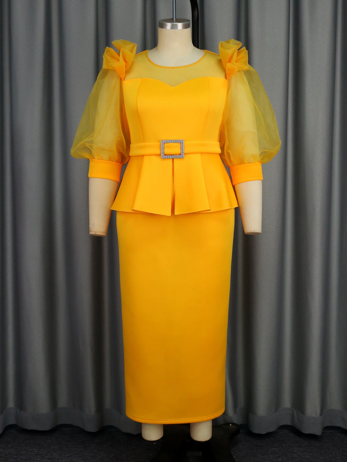 Round Neck See-Through Lantern Sleeve Formal Party Fashion Women Dresses