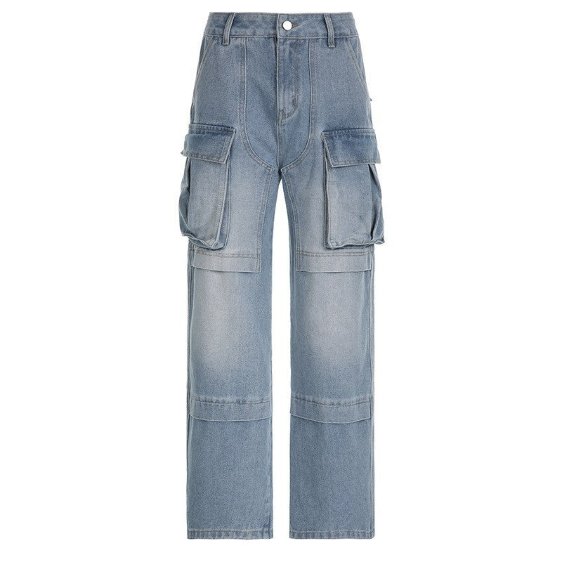 Women Pocket Loose Washed Cargo Denim Pants 6