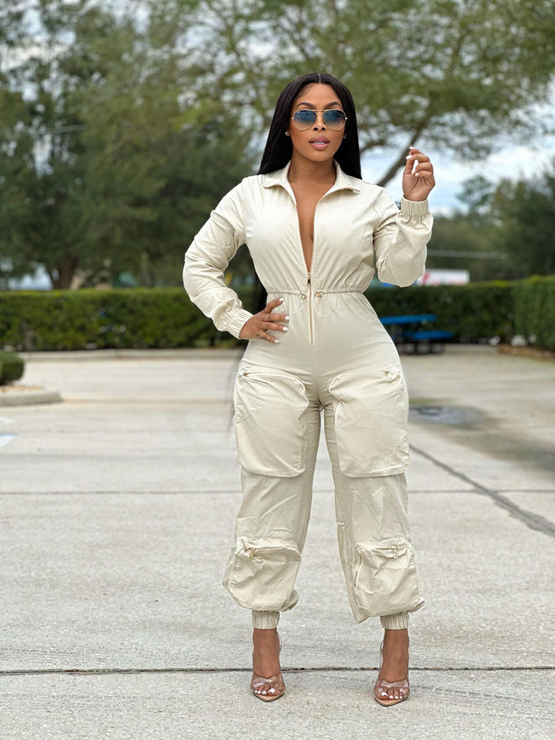 Women'S Slim Waist Metal Zipper Long Sleeve Casual Cargo Jumpsuit 3