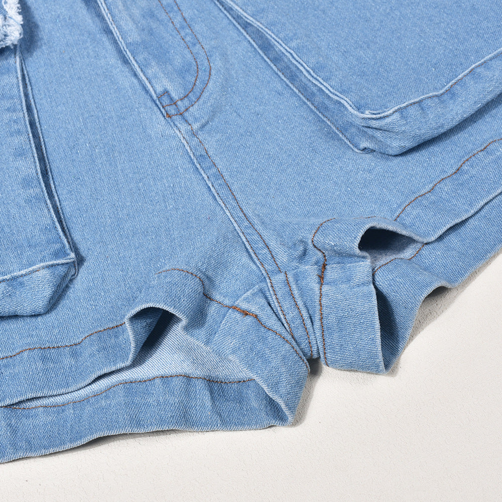 Women's Summer Sexy Fashion Cargo Pocket Shorts Wrapped Denim Bra Top Two Piece Set 16