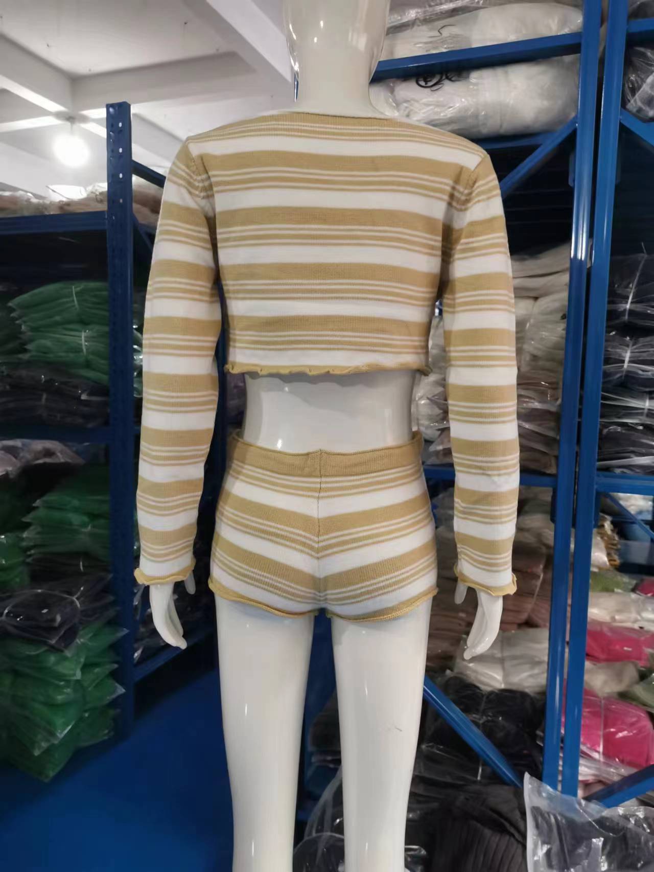 Women sexy striped Crop Top + Lace-up Shorts Two-piece Set 7