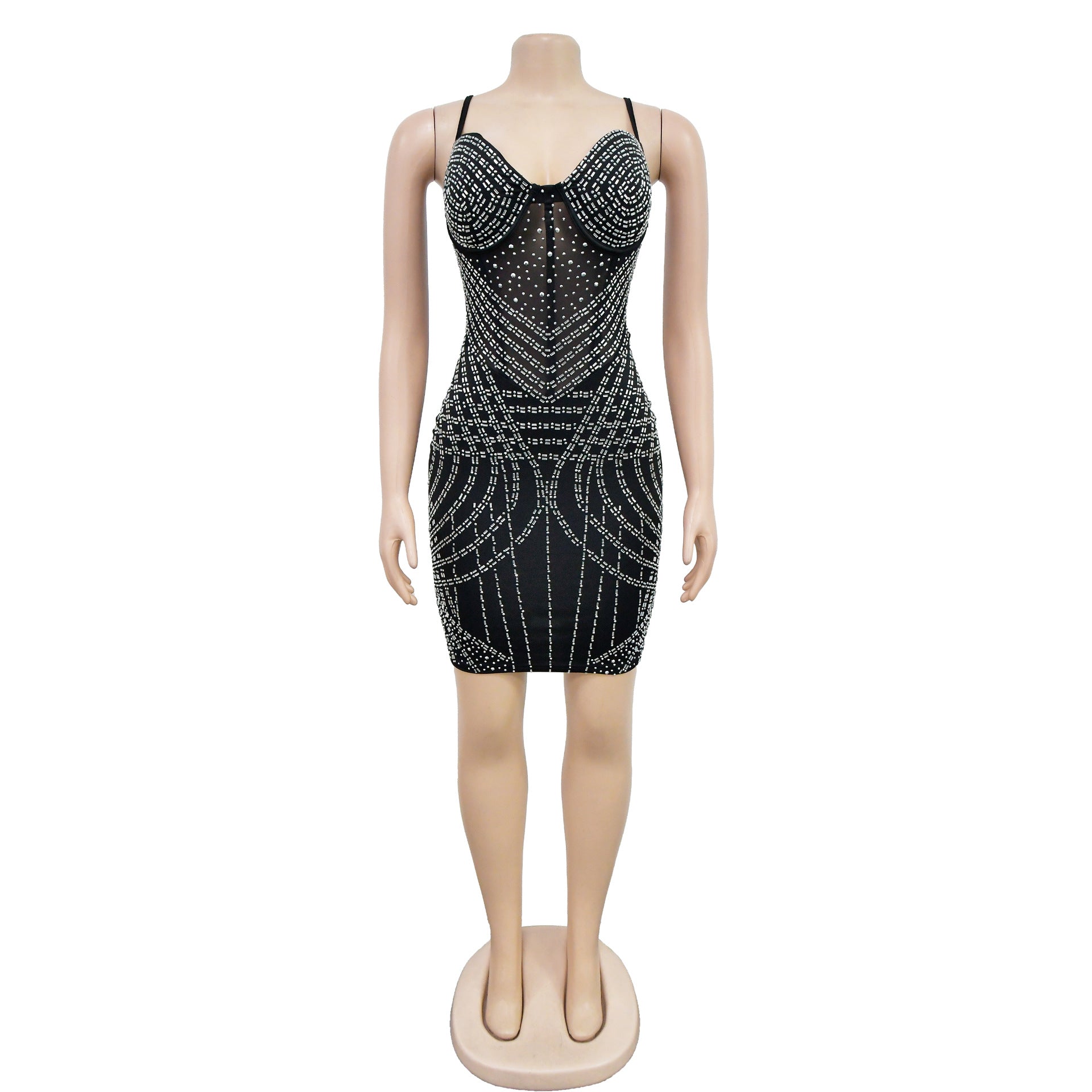 Women's Fashion Solid Color Mesh Beaded Straps Bodycon Club Dress 9