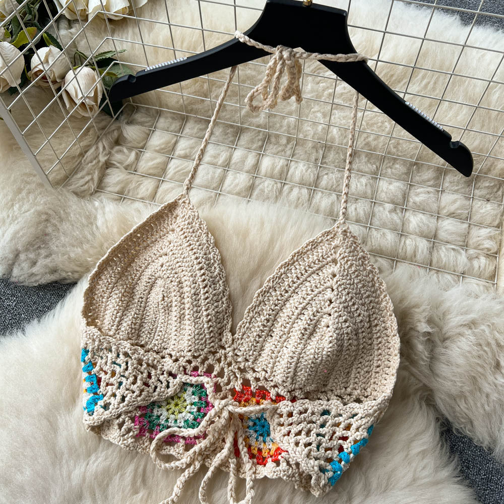 Women Summer Crochet Flower Suspender Top and Wide Leg Pants Retro Two-piece Set 19