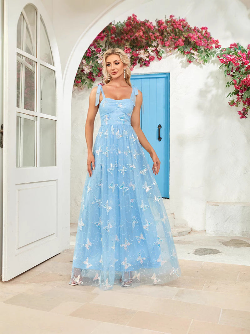 Tie Strap Evening Dress A-Line Mesh Butterfly Pattern Embroidered Elegant Birthday Long Party Dress 6