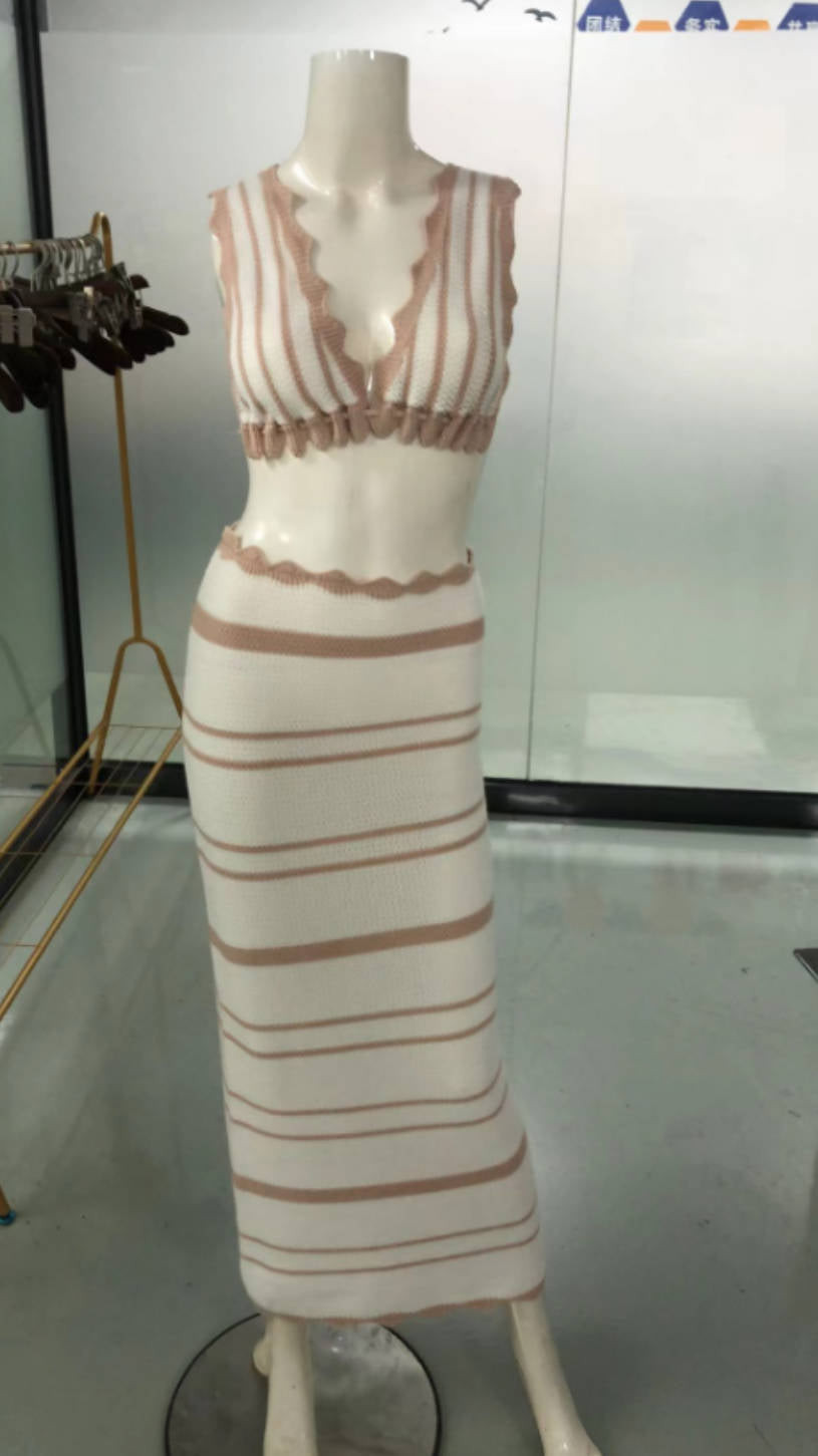 Women Beach Bohemian Contrast Stripe Bikini Casual Tank Top and Skirt Two Piece Set 8