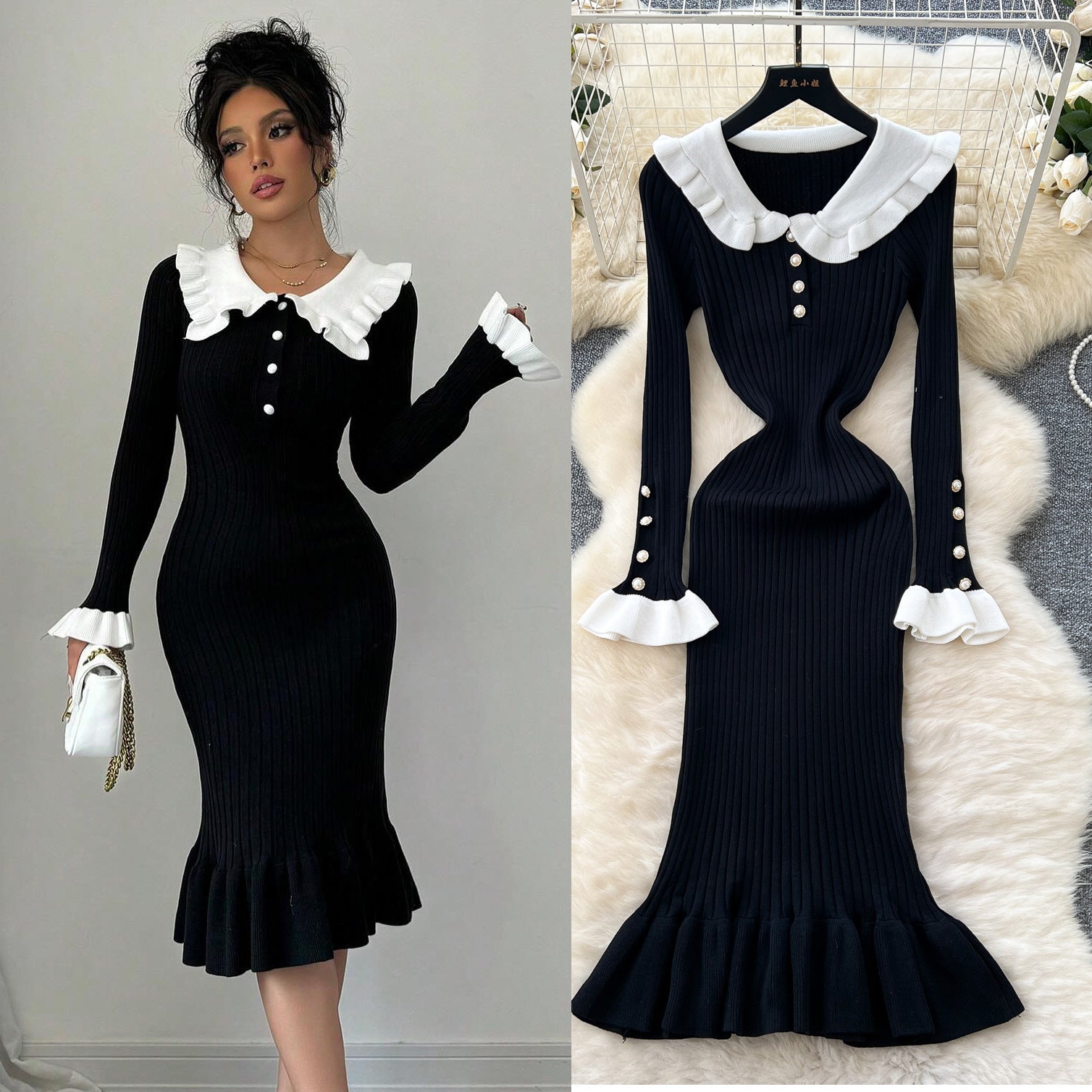 Women Autumn Retro Contrast Peter Pan Collar Ruffle Knitting Dress 6