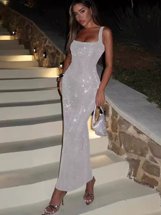 Women Off Shoulder Solid Sequin Suspender Sexy Bodycon Dress 3