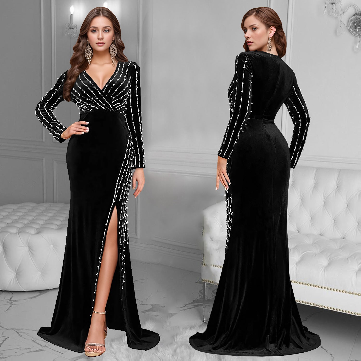 Women Sexy V Neck Beaded Slit Dress 3