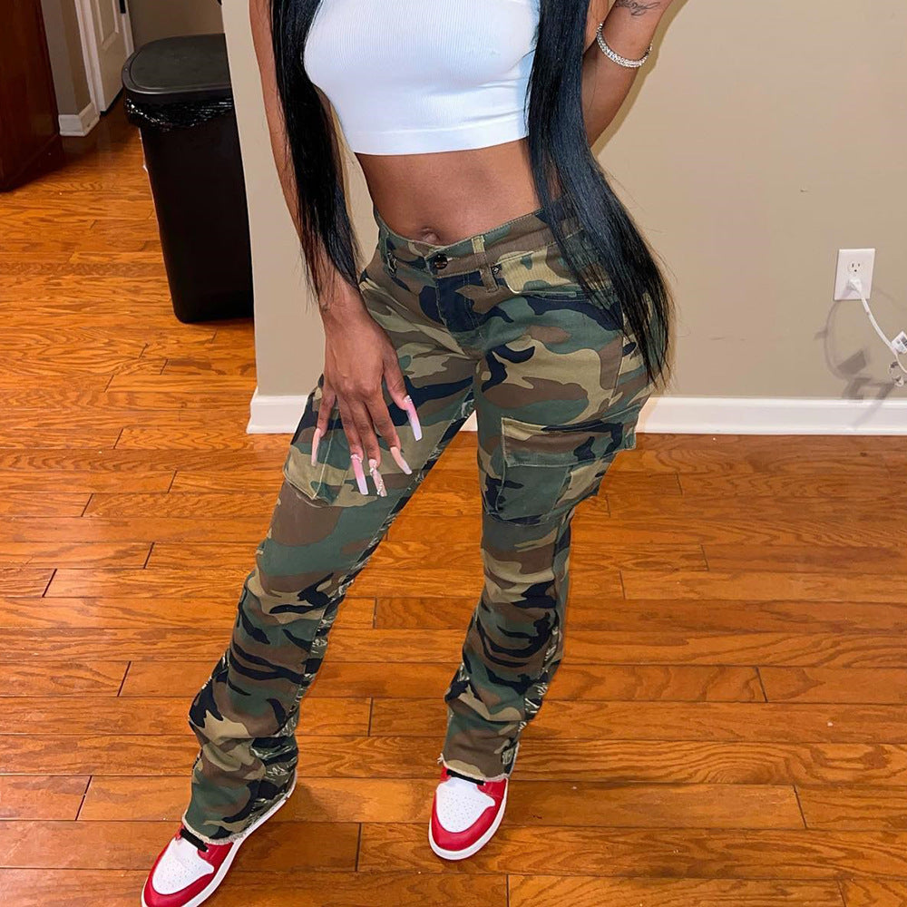 Women's Spring Summer Camouflage Sexy Slim Fit Casual Zip Pocket Cargo Pants