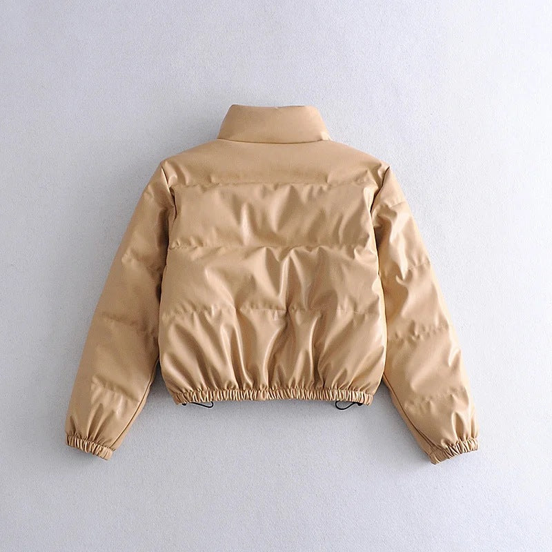 Leather Casual solid color leather cotton-padded Stand Collar jacket 50