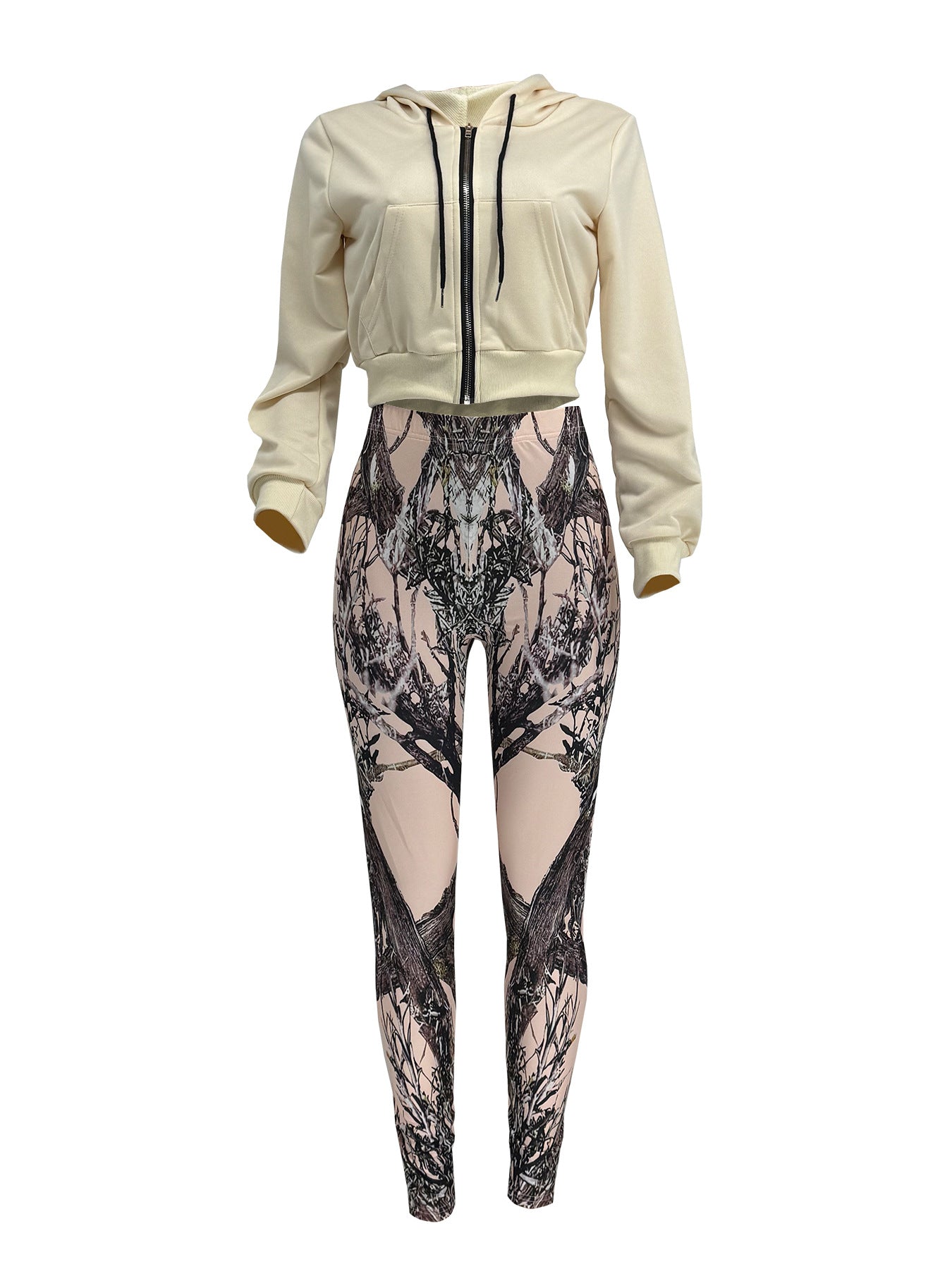 Women Casual Zipper Long Sleeve Top and Print Pants Two-Piece Set 25