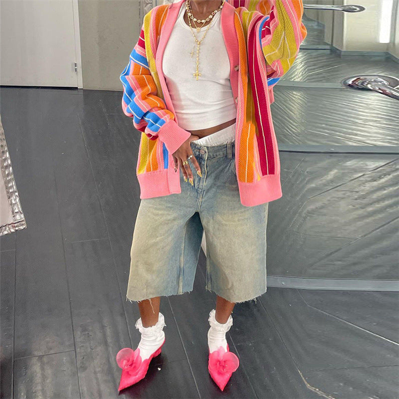 Autumn Women's Fashion Contrast Color Knitting Striped Long Sleeve Cardigan Loose Casual Top 4