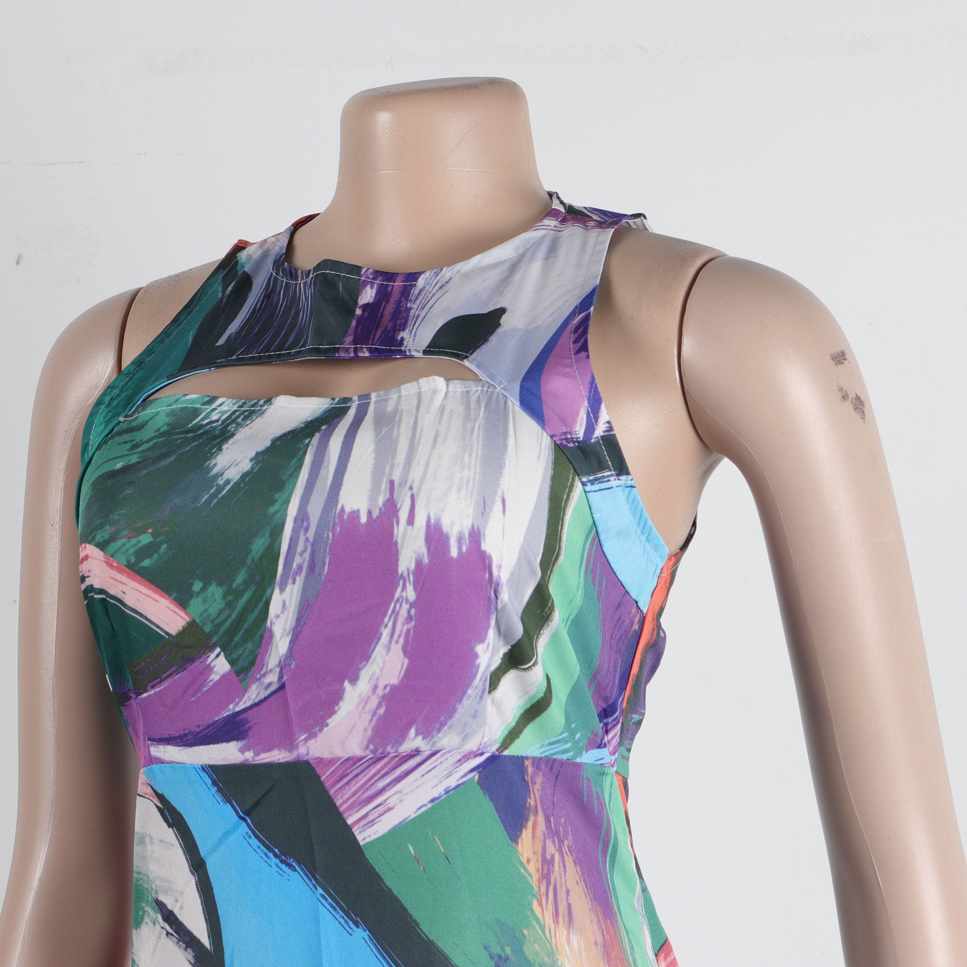 Fashion Sexy Slim Fit Hollow Printed Patchwork Sleeveless A-Line Dress 14