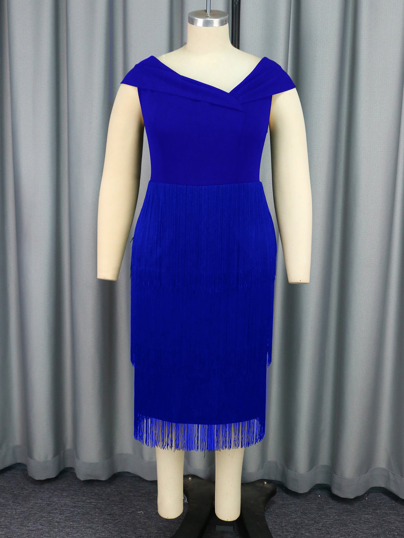 Women Asymmetric Collar Sleeveless Tassel Party Dance Elegant Dress 9