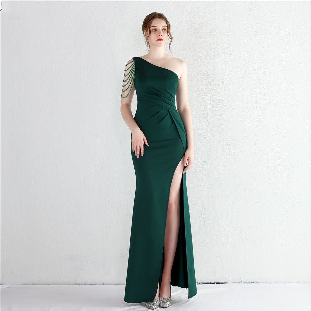 Women Beaded One Shoulder Dinner Slim Long Mermaid Dress Exhibition Evening Dress 3