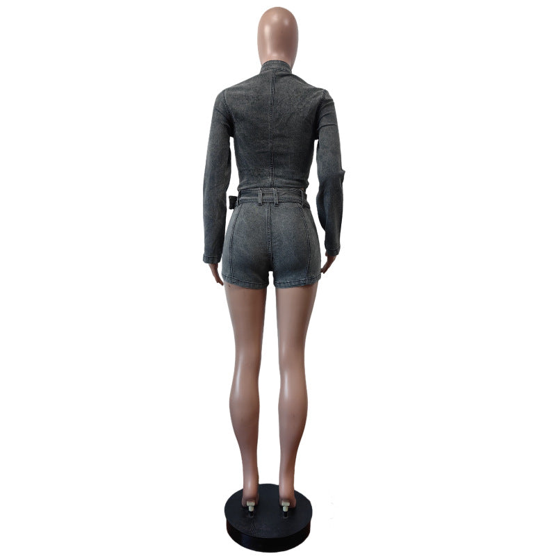 Women long sleeve Top and Denim shorts belt Two Piece Set 7