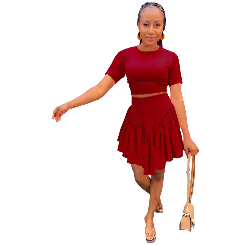 Tight Fitting Short T-shirt High Waist Casual Simple Irregular Skirt Two-piece Set 14