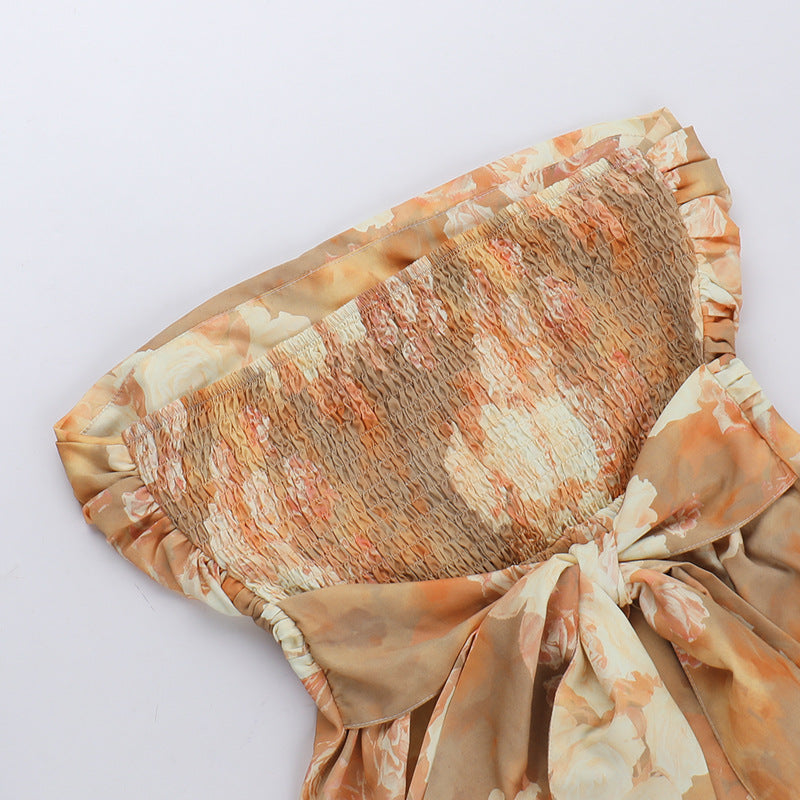 Women Summer Strapless Print Lace-Up Backless Gathered Dress 6