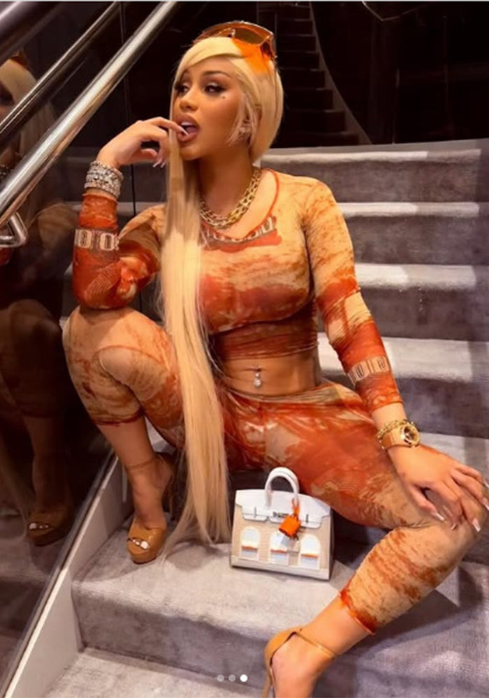 Women Spring Mesh Printed Round Neck Long Sleeve Top and Pants Two Piece Set