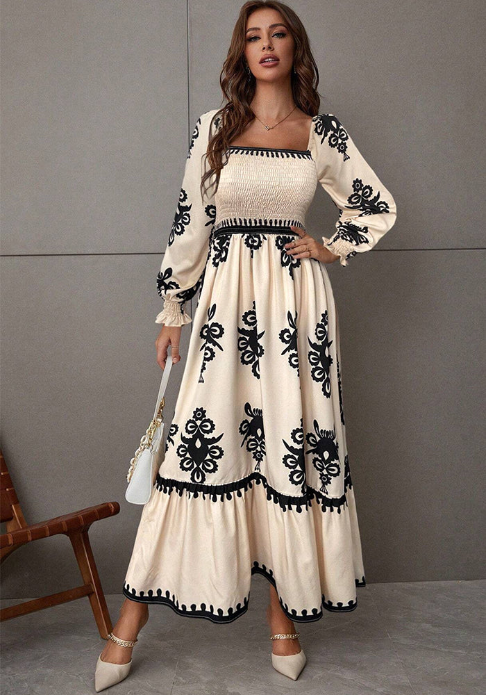 Women's Autumn Winter Elegant Printed Square Neck Long Sleeve Casual Long Dress