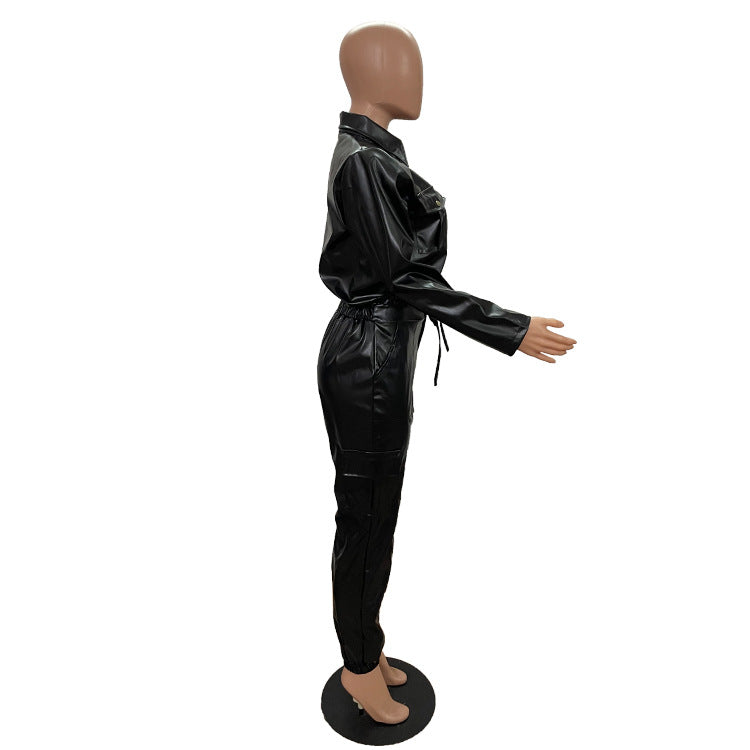 Women autumn and winter pocket pu leather top and trousers two piece set 10