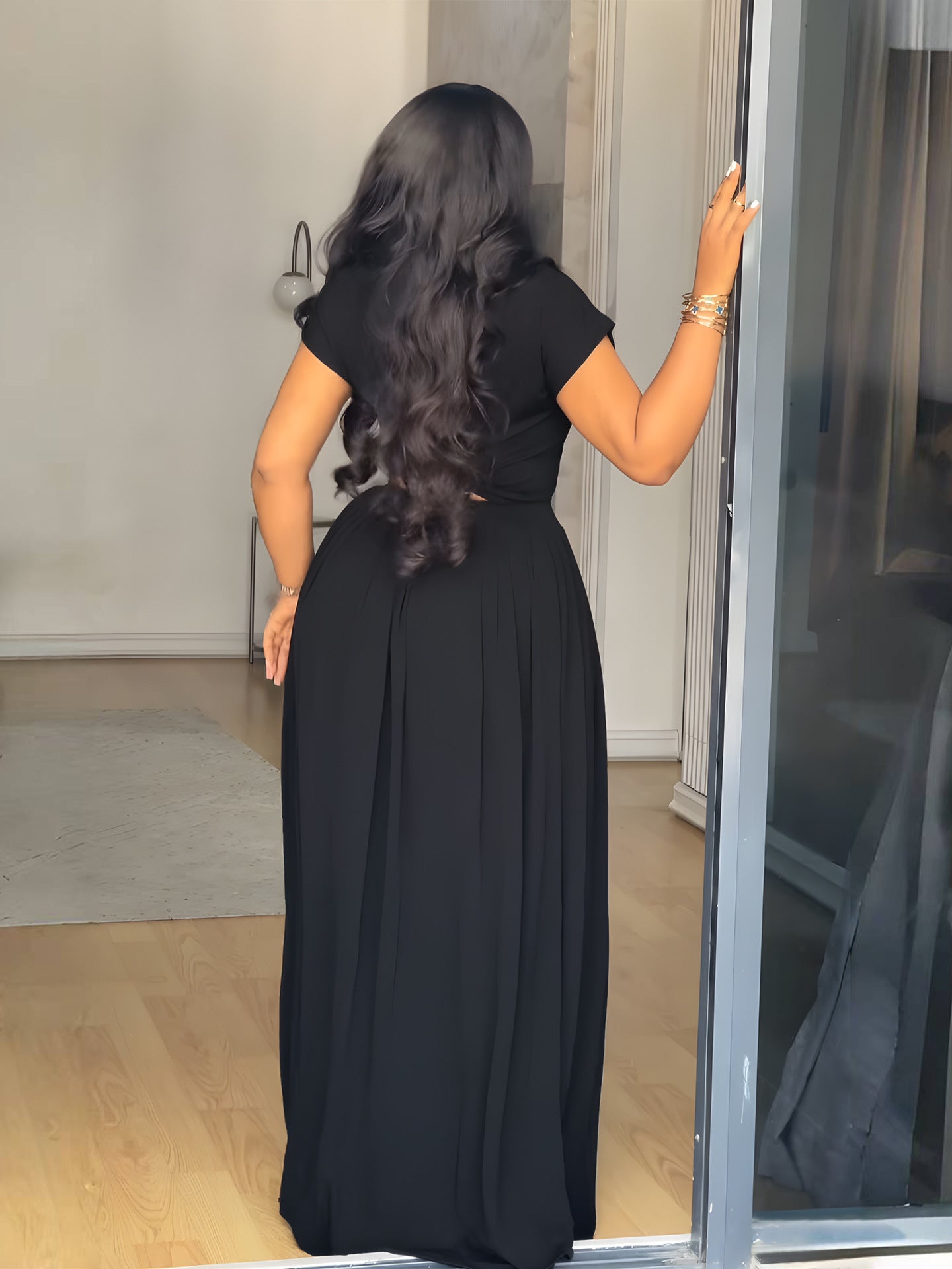 Solid Color Round Neck T-Shirt Casual Skirt Two Piece Set 4