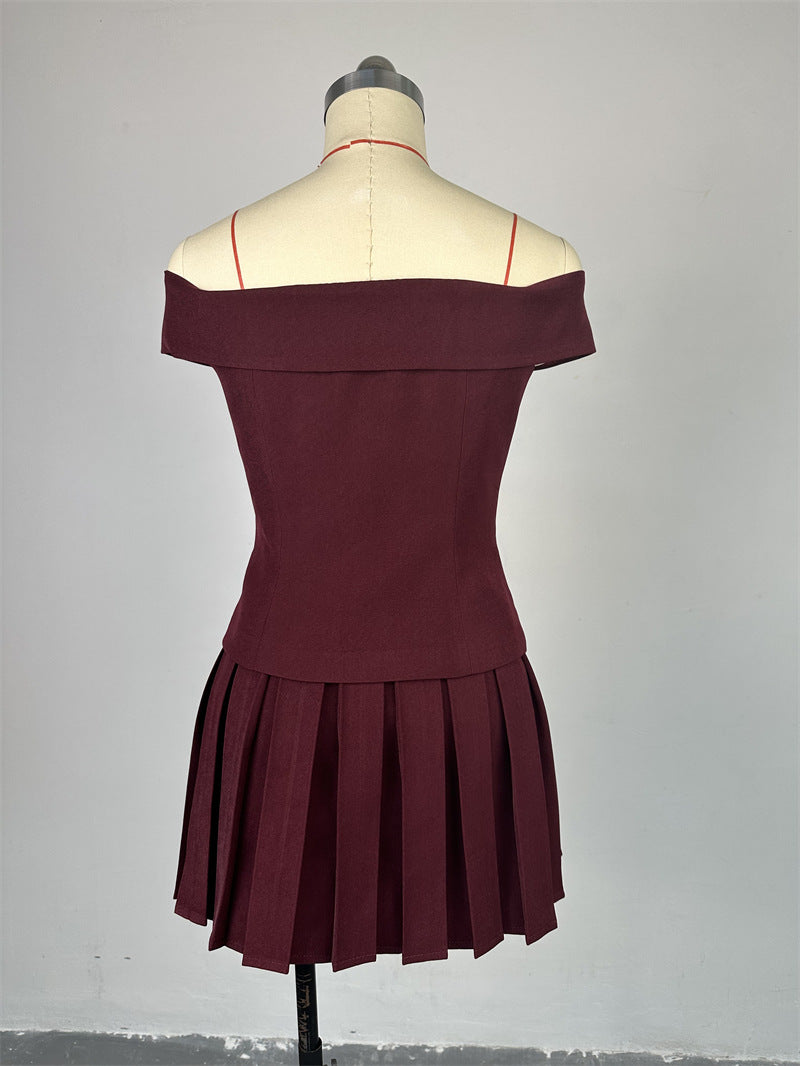 Women summer off-the-shoulder double-breasted Top and pleated Skirt two-piece set 10