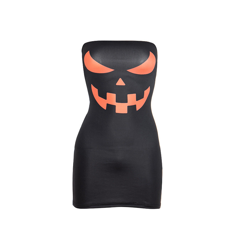 Women's Autumn Strapless Halloween Print Tight-Fitting Mini Bodycon Dress 20